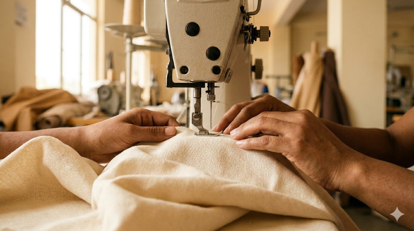 Craftsman sewing on the Vacker Exports production floor