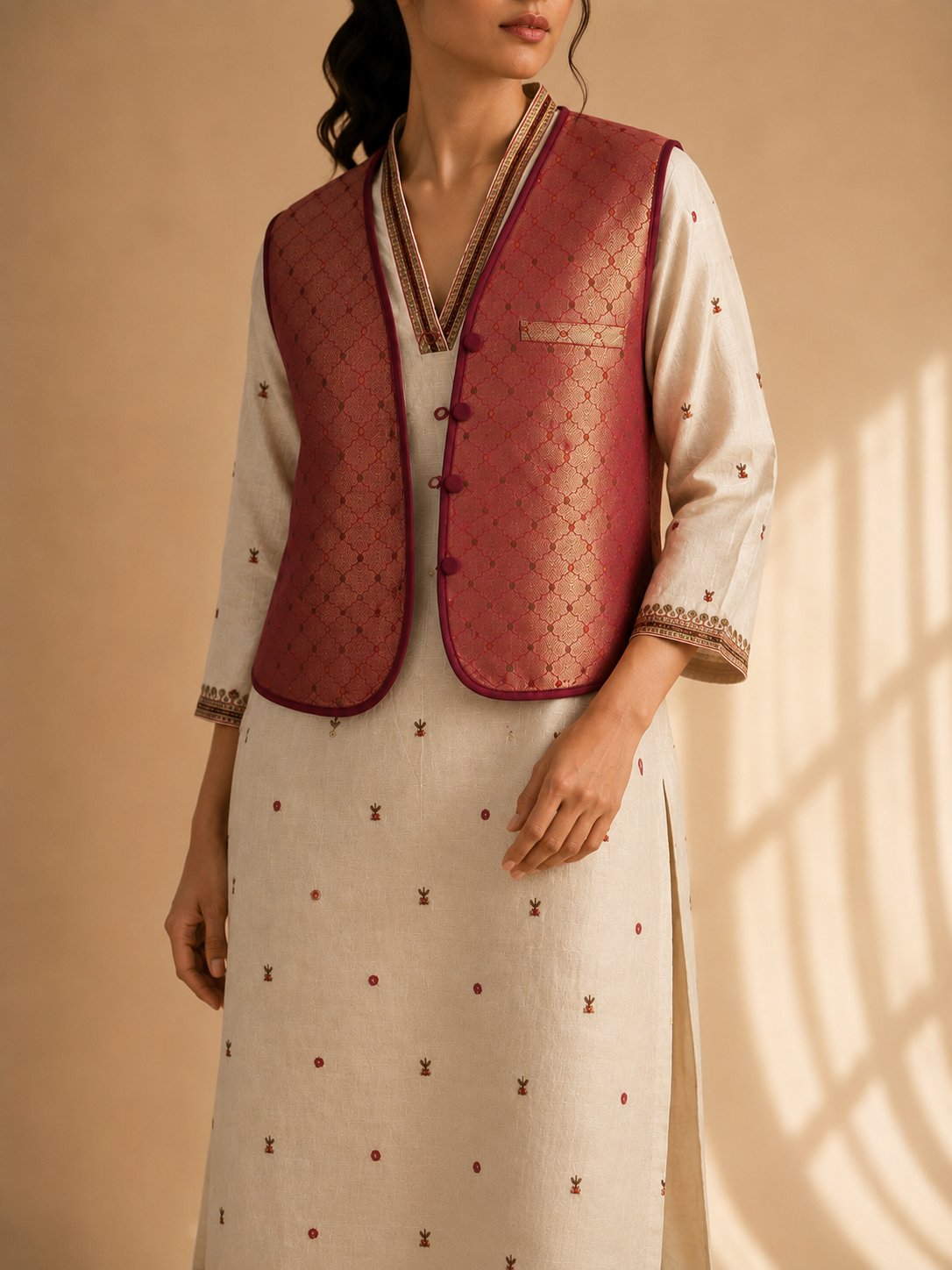 Faceless model in an ivory kurta with brocade bandi waistcoat
