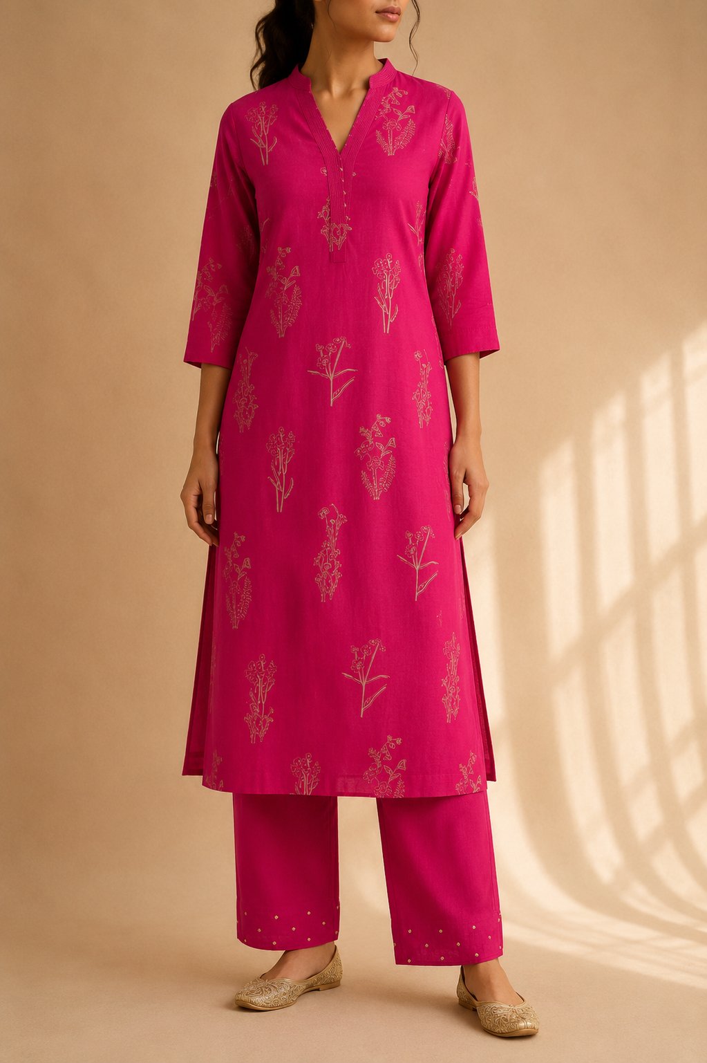 Faceless model in a magenta botanical print kurta set