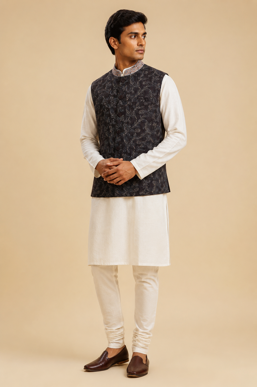 Charcoal botanical Nehru bandi in cotton jacquard