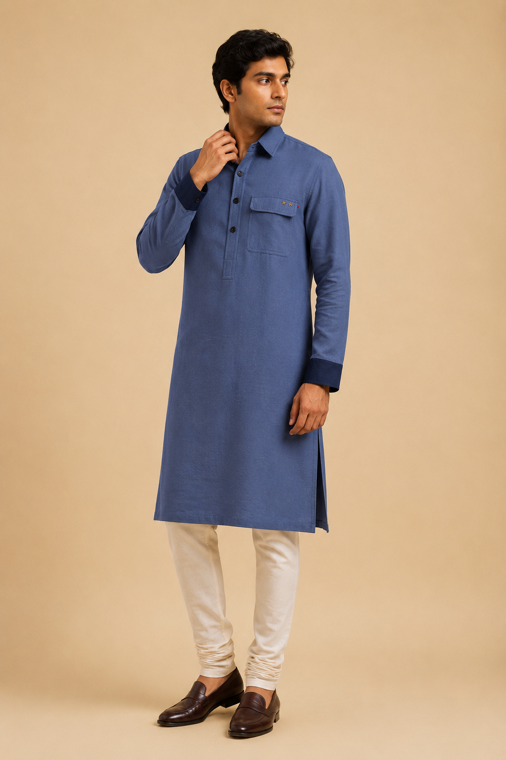 Steel blue contrast-cuff kurta in cotton twill