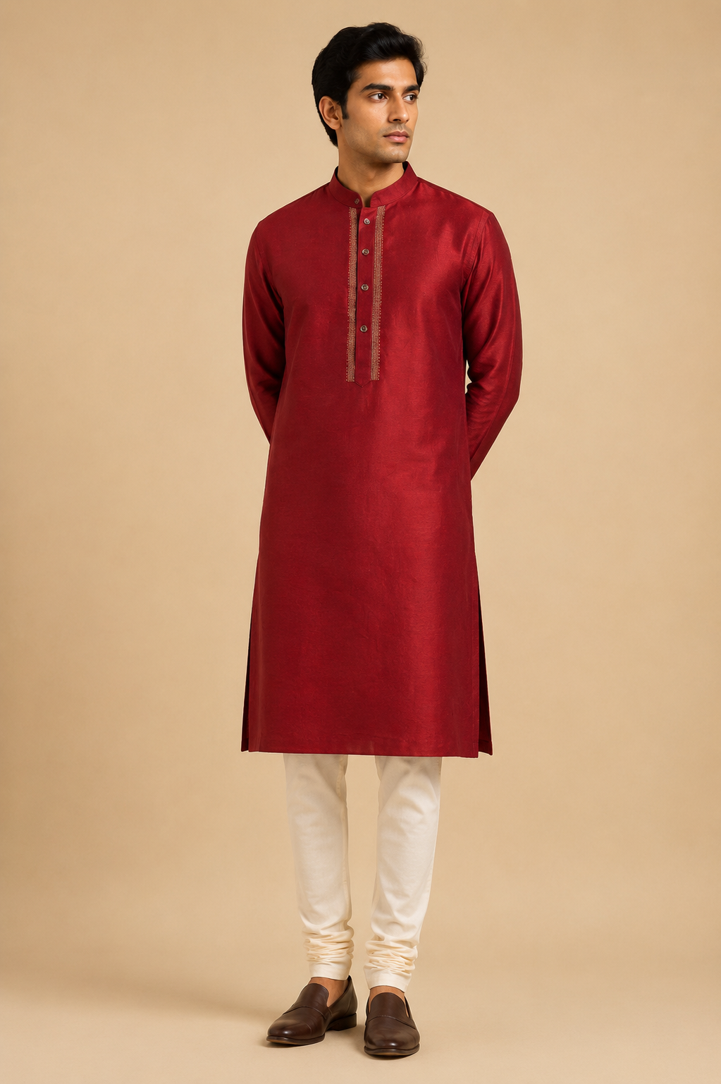 Crimson zari-placket kurta in cotton-silk blend