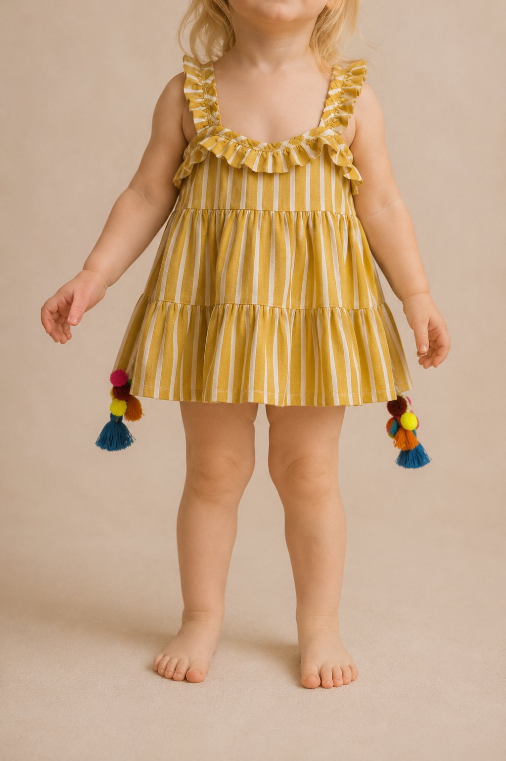 Faceless child model in a marigold stripe tassel-trim dress