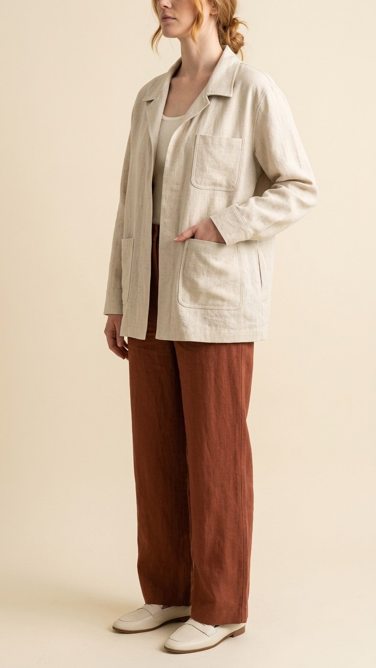 Faceless model in a sand linen overshirt jacket over cream trousers