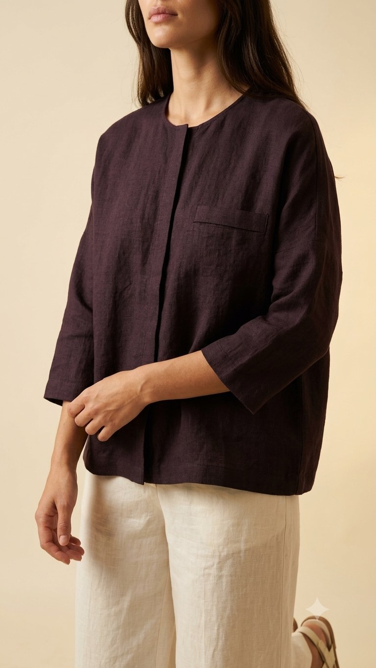 Faceless model in an aubergine drop-shoulder overshirt