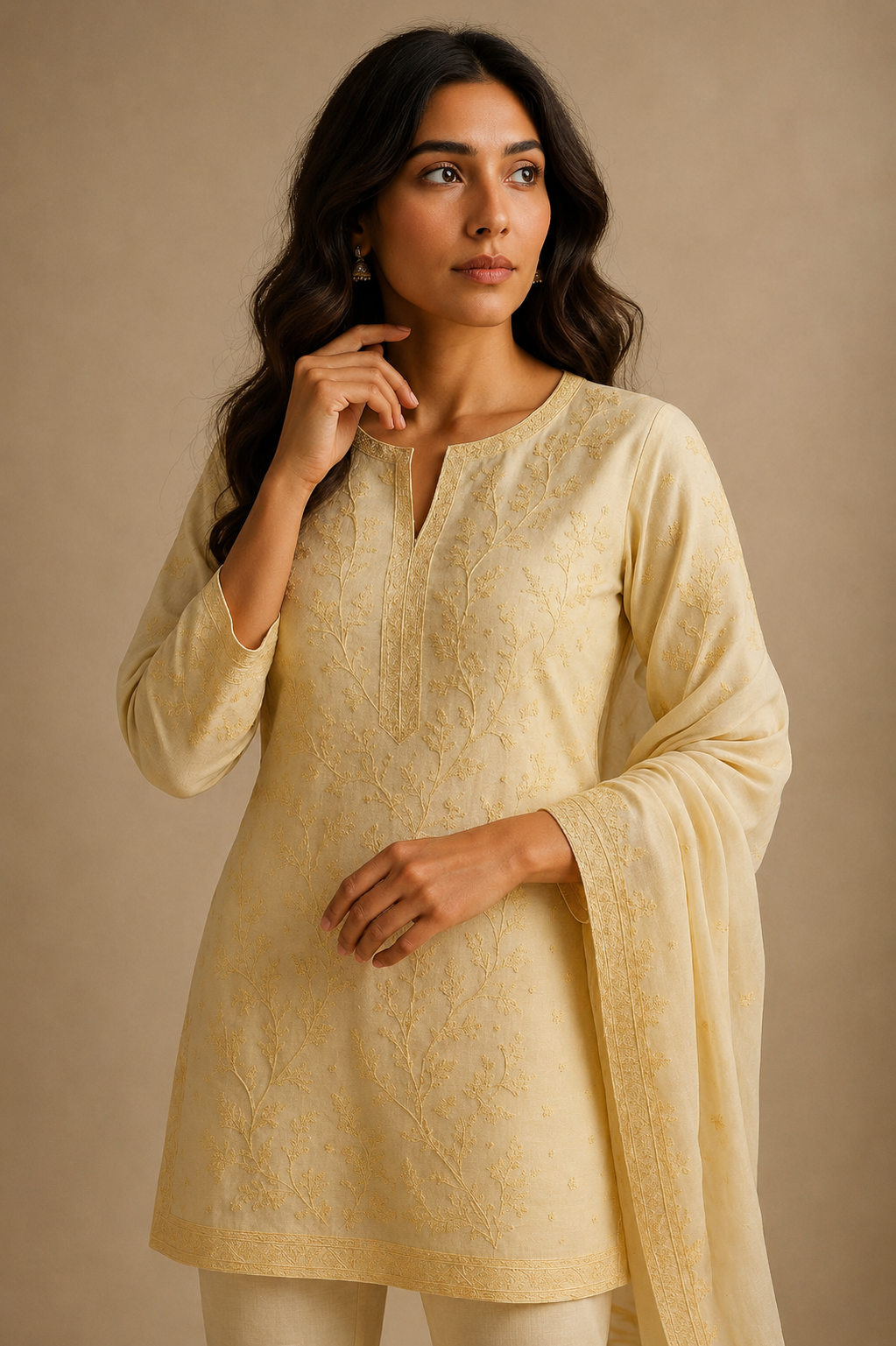 Ivory embroidered co-ord set in cotton voile