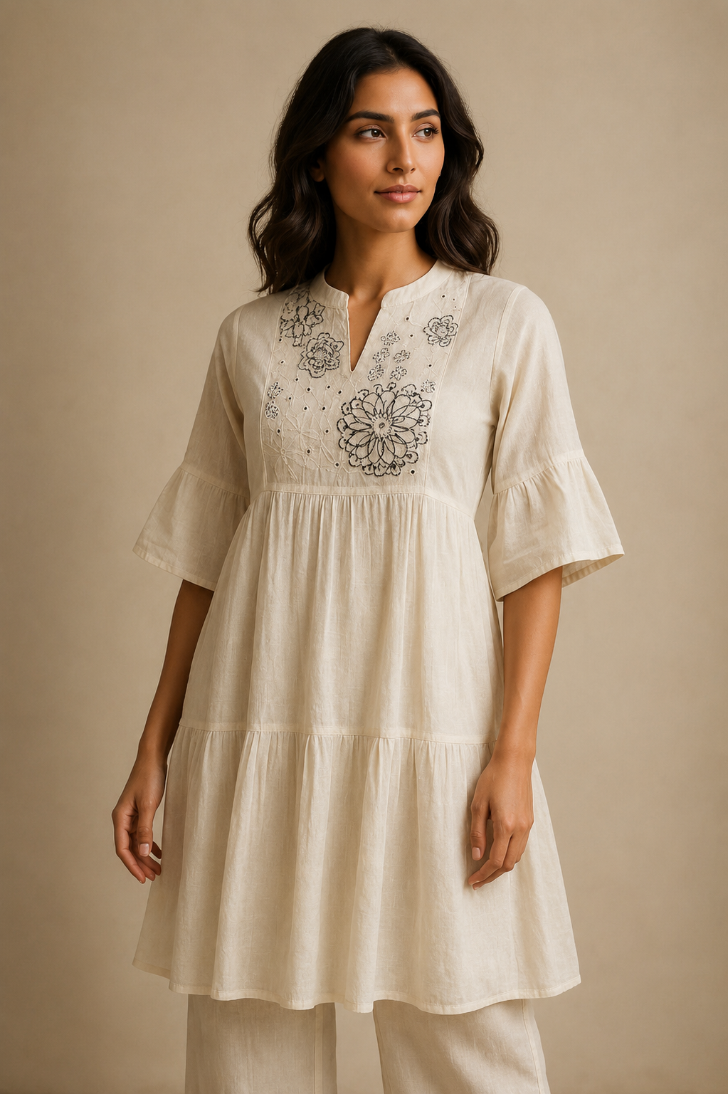 Ivory embroidered tiered tunic in lightweight cotton
